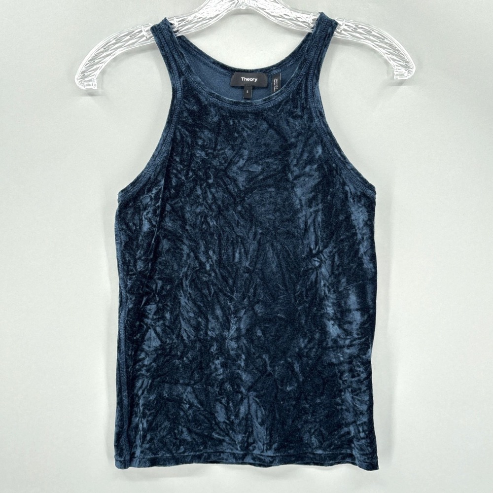 Theory Tank Top Womens S Blue Velour Crew Neck Knit Stretch Basic Haulwert USA
